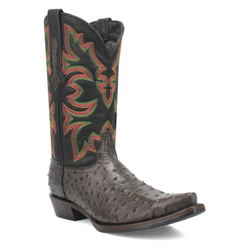 Dingo black snip toe cowboy boot: brown textured leather foot, elongated point toe. Black upper with colorful embroidery. Slight heel, structured shaft.