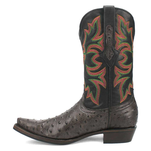 Dingo's black snip toe cowboy boot: pointed toe, textured leather, and colorful green/red stitched upper. Features smooth & raised leather, and a slightly elevated stacked heel.