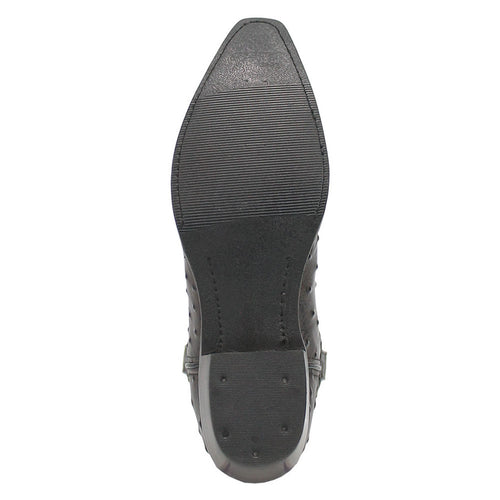 Black snip-toe cowboy boots. Pointed toe, smooth black leather exterior. Flat sole with ribbed traction. Subtle heel for added style and grip.