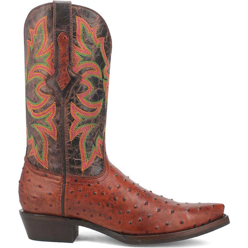 Dingo cognac snip toe cowboy boots. Brown leather with green & orange embroidery. Alligator skin texture with studs. Pointed toe, elevated heel, and pull tab.