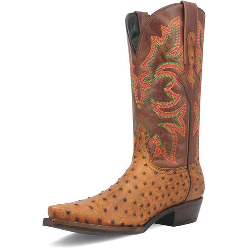 Tan snip toe cowboy boot. Pointed toe, raised heel. Brown leather upper with colorful embroidery and textured patterns.