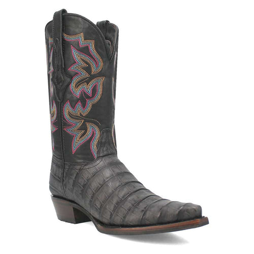 Black gator print cowboy boot with snip toe. Colorful floral embroidery on the upper. Slightly raised heel, smooth finish, mimicking gator skin texture.