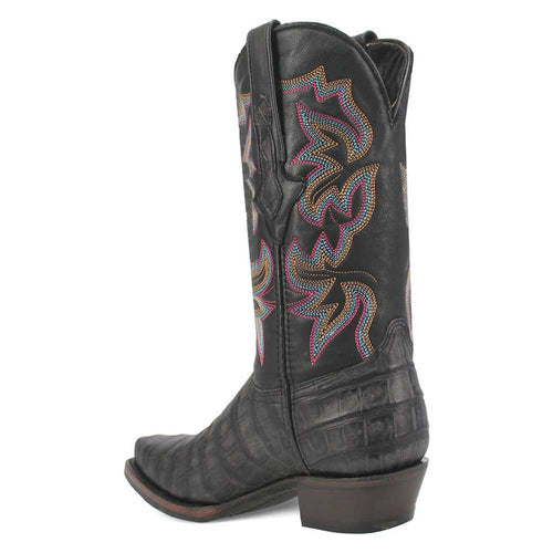 Black gator print cowboy boot. Snip toe, pointed design. Multi-colored embroidered shaft. Structured heel for stability. Stylish and durable.