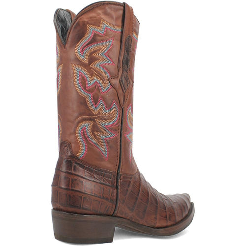 Brown gator print cowboy boots with snip toe and high shaft. Colorful wave stitching adorns the shaft. Textured, gator-like finish on the foot.