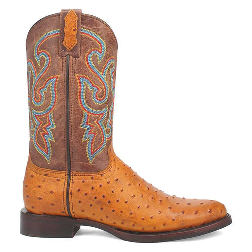Brown ostrich print leather boots with a tan base and dark brown detailing. Colorful embroidered shaft. Snip toe, low stacked heel.
