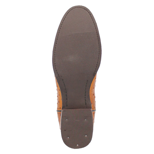 Brown ostrich print leather snip-toe boots. Textured upper mimics ostrich skin. Flat, ridged sole for grip. Stylish and functional footwear.