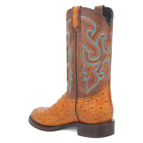 Dingo brown leather boots with ostrich print and snip toe. Tall shaft with multicolored embroidery. Textured lower, smooth upper. Stacked heel, pull tab.