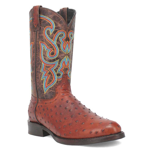 Brown lizard-print leather boots with pointed toe & intricate stitching. Rounded shaft top, contrasting textures, and a flat sole with a moderate heel.