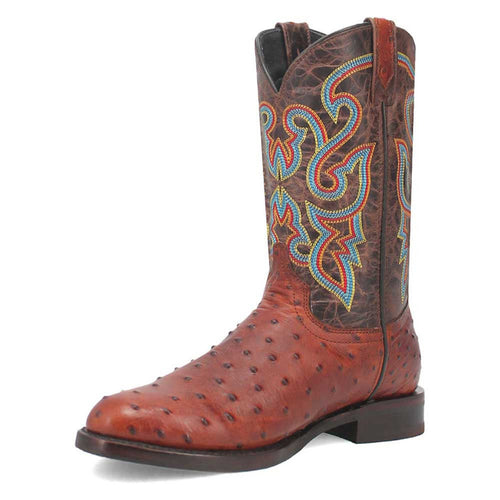 Brown lizard-print leather boots with pointed toe and raised heel. Intricate, colorful embroidery on dark brown shaft. Side pulls for easy wear.