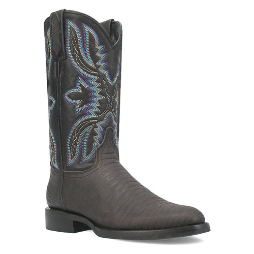 Black lizard print leather boots with a pointed toe & curved tall shaft. Textured skin pattern with multicolored embroidered designs. Low, block heel for stability.