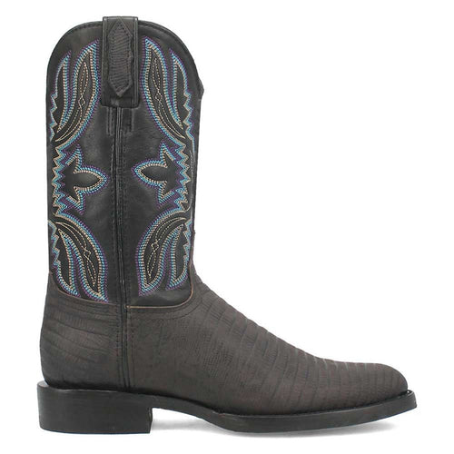 Black lizard print leather boots. Pointed toe, tall shaft with contrasting decorative stitching. Black flat sole.