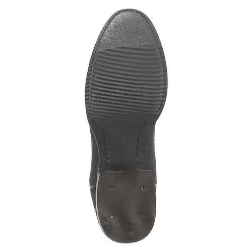 Black lizard-print leather boots with pointed toe & textured surface. Flat sole with horizontal ribbing for traction.