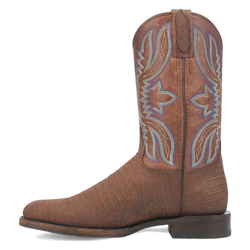 Brown lizard print leather boots. Snip toe, detailed stitched upper. Textured lizard pattern in rich brown color.