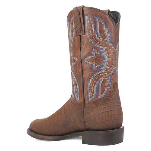 Brown lizard print leather boots. Tall shaft with blue/white embossed floral patterns. Snip toe. Structured sole for stability.