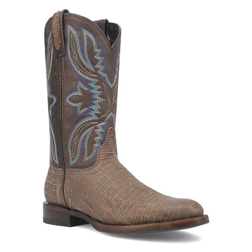 Dingo snip toe leather boots with cement lizard print. Textured brown leather upper with reptilian pattern. Elongated, pointed toe, vertical stitched shaft design in blue/cream. Stacked wood-look heel.
