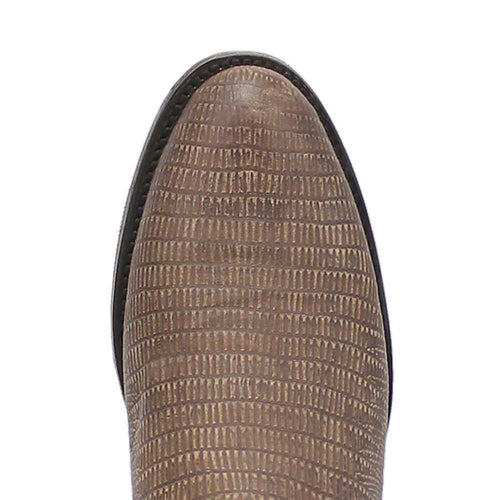 Cement-toned leather boots with lizard print and snip toe. Brown reptilian texture, narrow pointed toe, black sole trim.