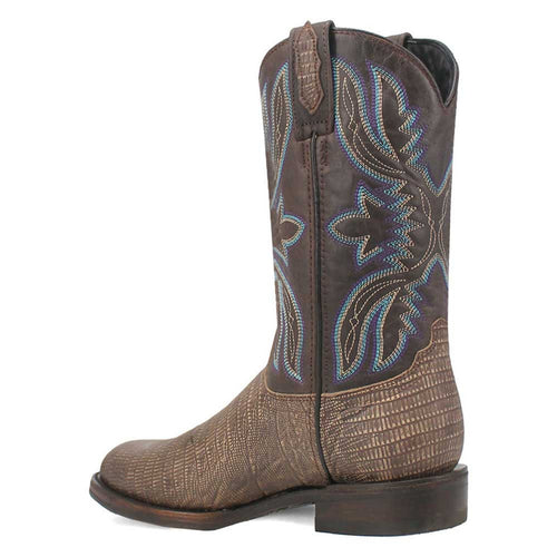 Brown leather boots with cement lizard print and snip toe. Reptilian texture on lower boot, decorative embroidery on the upper.