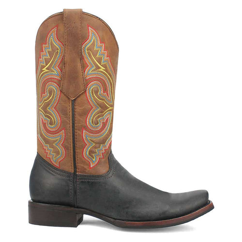 Black and tan leather western boots. Pointed toe, stacked heel. Tan shaft with swirling, multicolored stitching. Black leather foot.