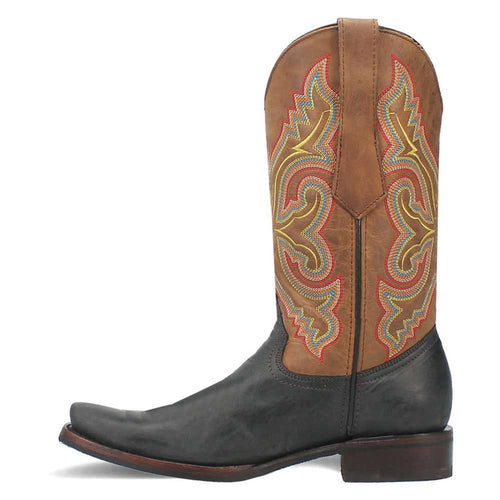 Black and tan leather western boots with pointed toe. Contrasting upper shaft with colorful decorative stitching. Squared heel. Primarily leather construction.