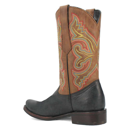 Black and tan western boots. Black leather toe and lower section, tan upper with red, yellow, and blue embroidery. Rounded toe, stacked heel.