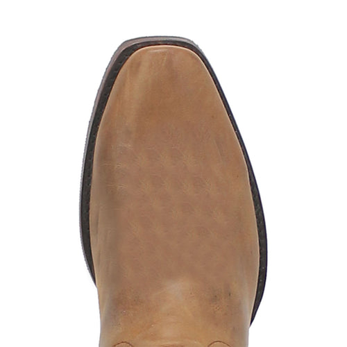 Tan and green leather western boot with square toe. Smooth upper, contrasting dark sole. Classic western style with durable materials.