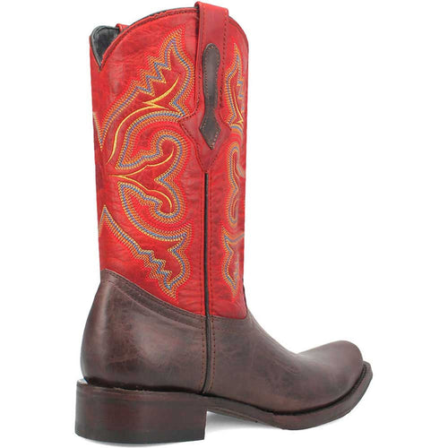 Brown leather western boots. Red shaft with yellow/blue embroidery, brown foot, pointed toe, and raised heel. Classic western design.