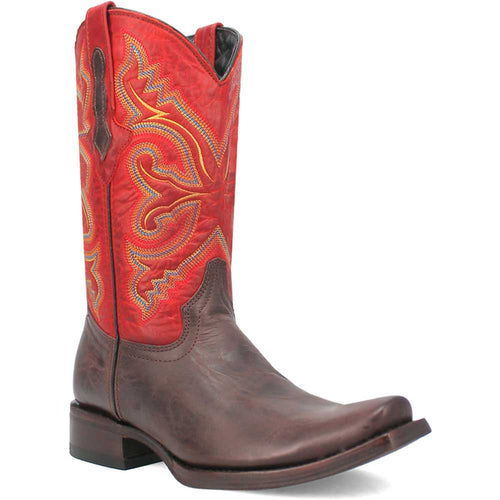 Brown & red leather western boots with pointed toe. Red shaft with yellow/blue stitching. Brown leather foot. Distinctive, stylish design.