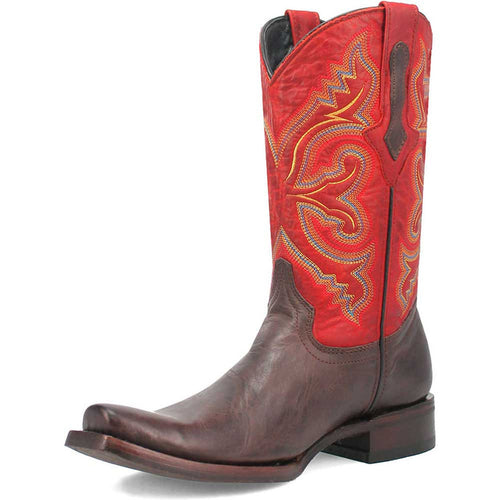 Brown leather western boots. Brown lower, red shaft with yellow/blue embroidery. Pointed toe, stacked heel.