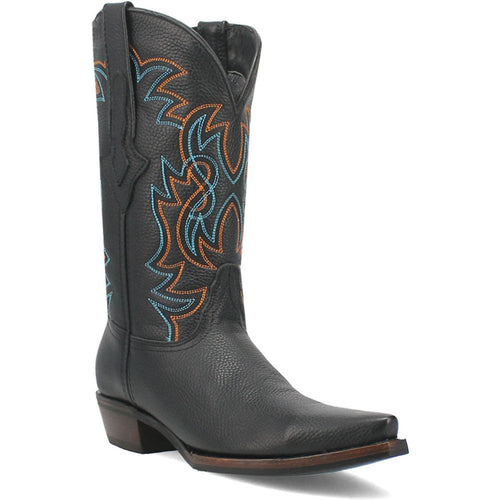 Dingo Gold Rush boots: Black leather, snip toe, western style. Embroidered blue/orange patterns on textured leather. Pointed toe, slightly elevated heel, pull tabs for easy wear.