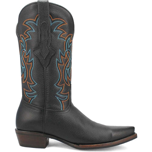 Dingo Gold Rush boots: black leather, snip toe, textured upper. Blue/orange stitching detail. Stacked wooden heel, pull tab. Classic western design.
