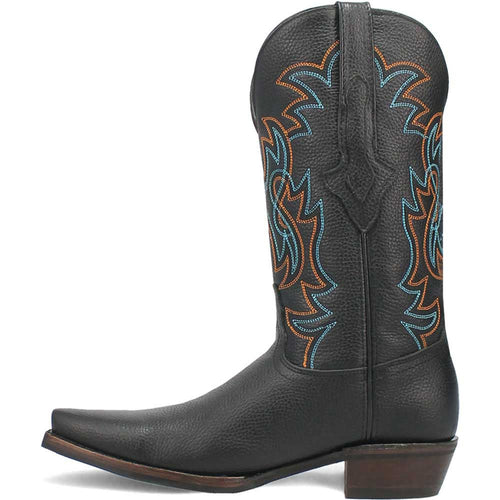 Dingo Gold Rush boots: Black leather, snip toe, western style. Tall shaft with blue/orange stitching. Textured finish, pointed toe, and block heel for stability.