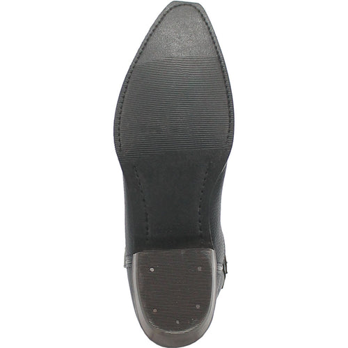 Dingo Gold Rush black leather western boots with snip toe. Textured black leather, flat sole with grooves and studs for traction.