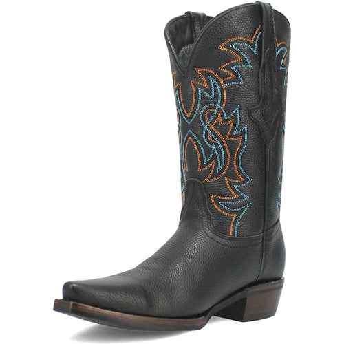 Dingo Gold Rush black leather western boots with snip toe. Black leather exterior with blue/orange stitching. Pointed toe, raised heel, and rounded upper shaft for a snug fit.