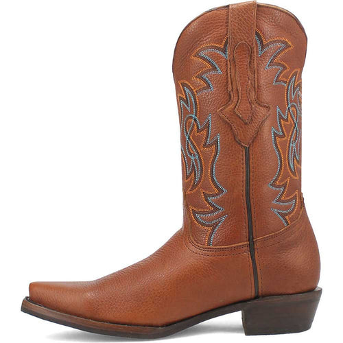 Dingo Gold Rush tan leather Western boots with a snip toe. Textured tan leather, decorative orange & blue stitching on the shaft. Slightly elevated heel, fitted ankle.