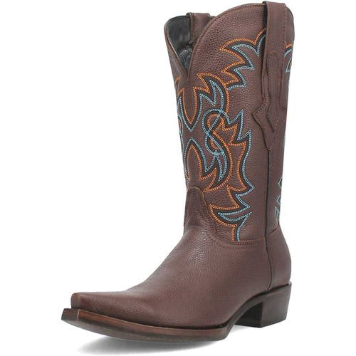 Brown leather western boots with snip toe. Textured brown leather, blue/orange stitching, embroidered shaft. Flat outsole, slightly raised heel.