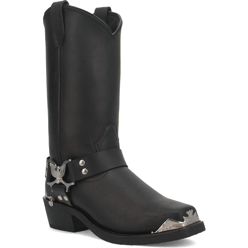 Dan Post Chopper biker boots: Black leather, tall shaft, rounded toe, lower heel. Features a metal harness strap with silver hardware. Stitched design and silver toe cap detail for classic biker style.