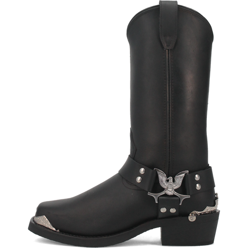 Dan Post Chopper biker boot: Black leather, tall straight silhouette, rounded toe. Decorative harness strap with silver eagle. Flat sole, slight heel with metal accents. Rugged, pattern-free design.