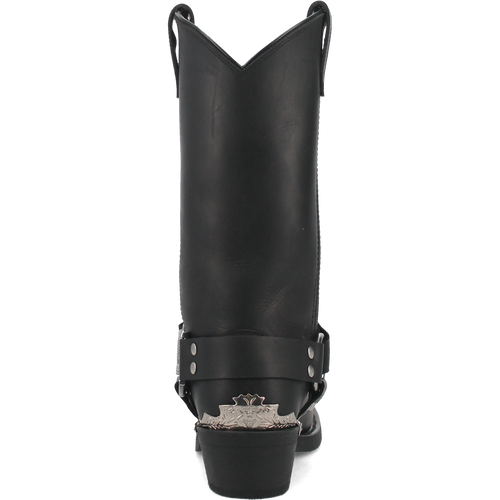 Dan Post Chopper Leather Biker Boot: Tall, black leather boot with pointed top. Features harness strap with metal studs & heel embellishment. Sturdy sole, smooth finish.