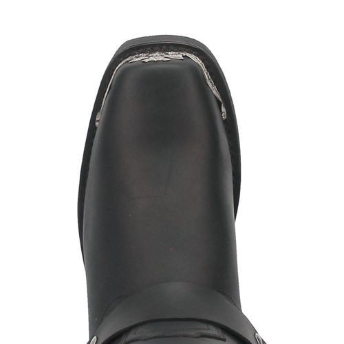 Dan Post Chopper biker boot. Black leather, rounded toe. Metal toe accent, ankle strap with silver hardware. Smooth texture, minimal stitching.