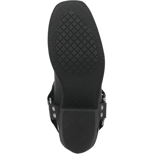 Dan Post Chopper Leather Biker Boots. Black leather with textured rubber outsole for grip. Features metal buckle and strap details for enhanced structure and style.