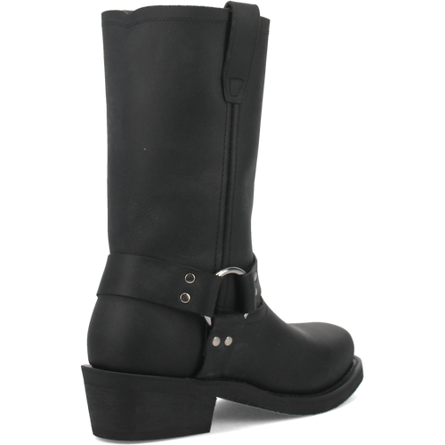 Dan Post Dean biker boot: Tall, black, structured shaft. Rounded toe, elevated heel. Ankle strap with silver hardware and snaps. Smooth leather/synthetic finish.