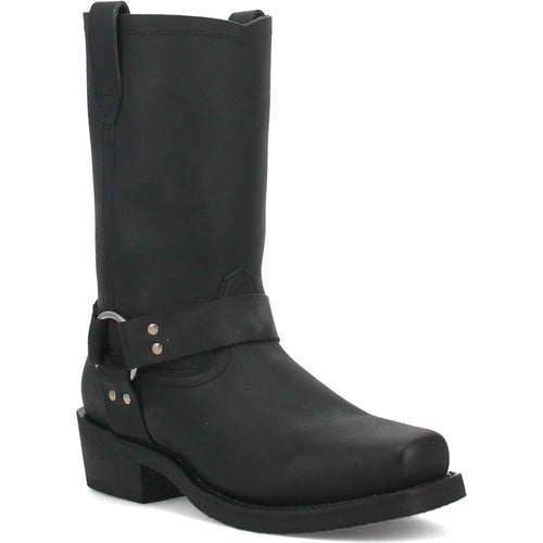 Men's black, oil-resistant leather biker boot. Tall shaft with straight top, rounded toe, ankle strap with silver hardware. Chunky, raised sole.