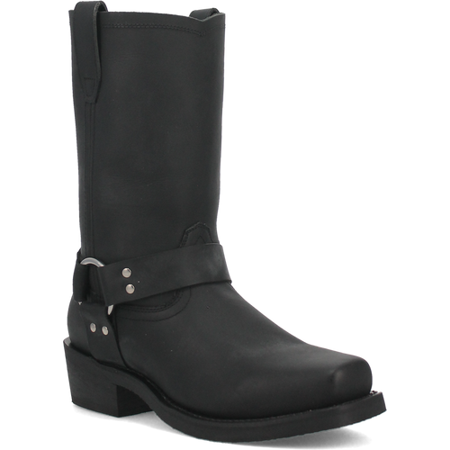 Dan Post's Dean biker boot: black leather, tall shaft, rounded toe. Ankle strap with silver hardware. Slightly elevated heel. Classic biker style.
