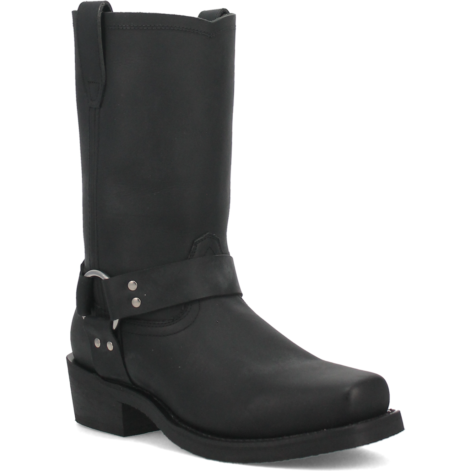 Dan Post's Dean biker boot: black leather, tall shaft, rounded toe. Ankle strap with silver hardware. Slightly elevated heel. Classic biker style.