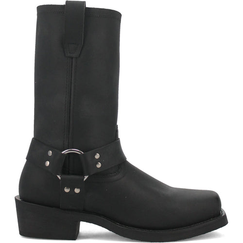 Black, oil-resistant leather men's biker boots with a tall shaft, round toe, and block heel. Includes a wide ankle strap with a metallic ring and rivets.
