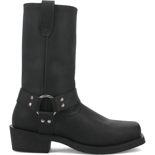 Dan Post's Dean biker boot: black leather, tall shaft, rounded toe. Includes studded strap/buckle, flat sole with slight heel, and reinforced stitching.