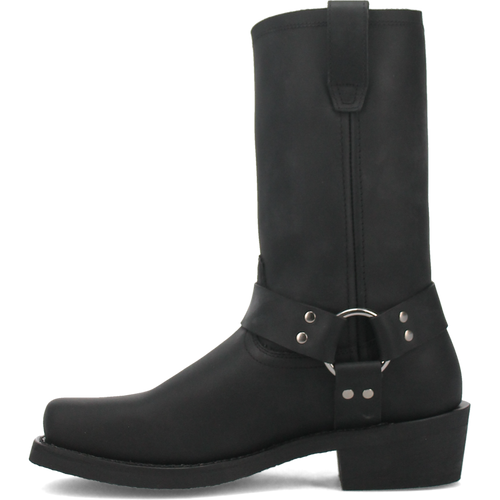 Dan Post Dean biker boot in matte black leather. Tall shaft, rounded toe, low stacked heel. Ankle strap with metal ring & rivets. Discreet pull tab.