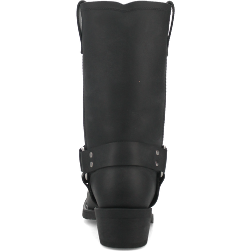 Dan Post Dean biker boot: Tall black shaft, smooth surface, rounded toe. Decorative studded strap. Short, block heel for stability. Classic biker style.