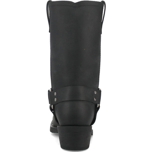 Black, oil-resistant leather men's biker boot. Tall, straight shaft, rounded toe, slightly elevated heel. Ankle strap with metal studs. Smooth finish, scalloped edge at the back.