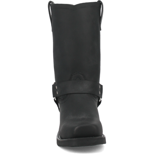 Dan Post Dean biker boot: Tall black leather boot with a smooth exterior, rounded toe, and flat sole. Features a prominent front strap/buckle and pointed shaft top. Structured design.